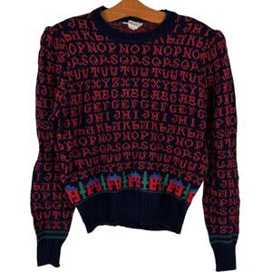 Vintage ABC Alphabet School Teacher Knit Sweater Sz L E.V. Ltd, Puff Shoulder